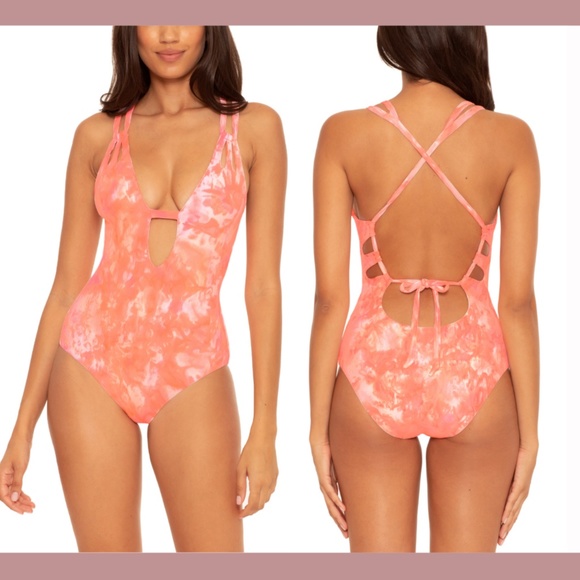 NEW Becca [ Small ] Skylar Plunge Rib One Piece Swimsuit in‎ Sherbert - Picture 1 of 11